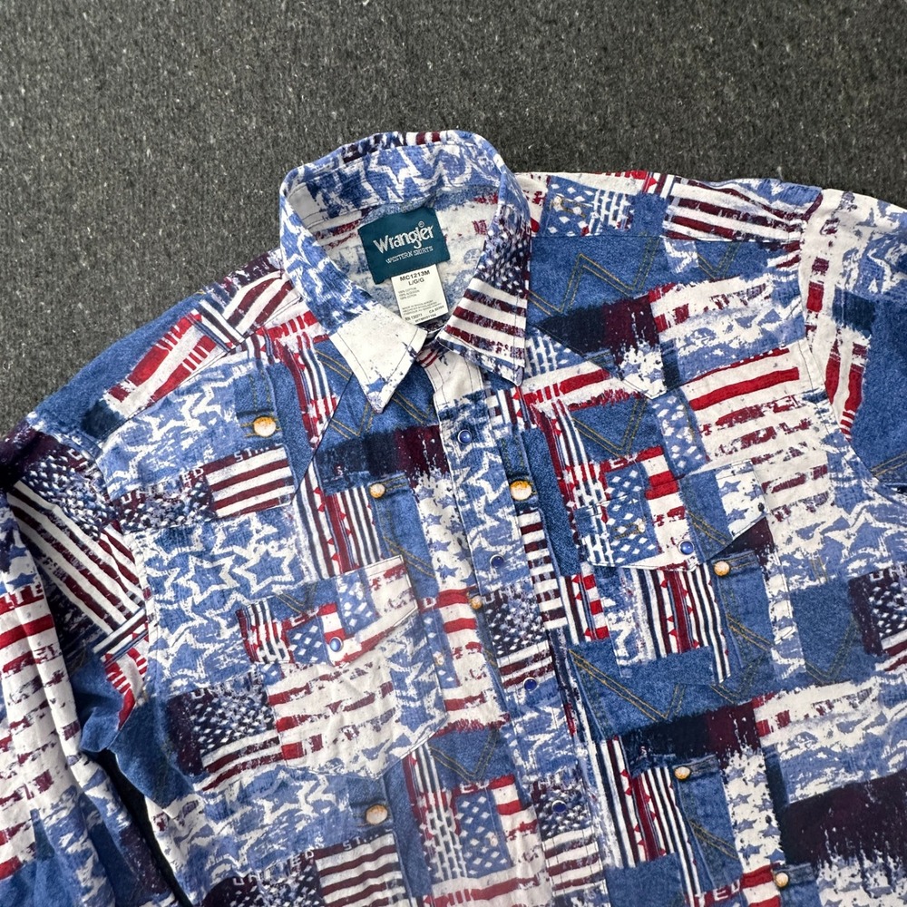 Wrangler Men L American Flag Patchwork Pearl Snap Western Shirt Cowboy rodeo USA